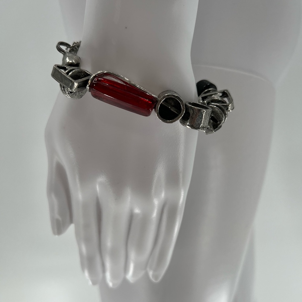 Anne Marie Chagnon Signed Modernist Bracelet‎ Pewter & Glass